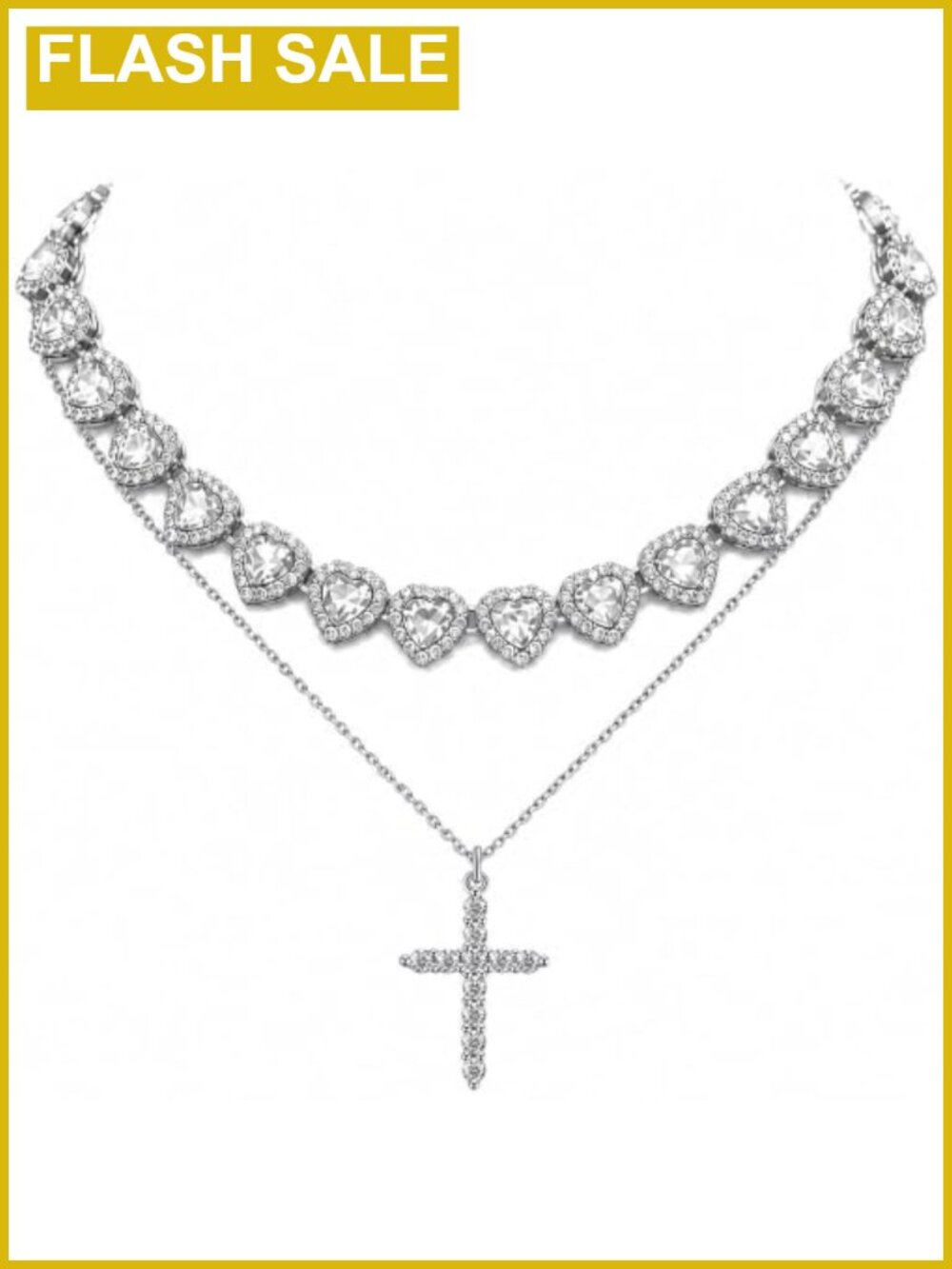 Cross Necklace for Women, Silver Plated Copper, Rhinestone Heart, Layered Look,